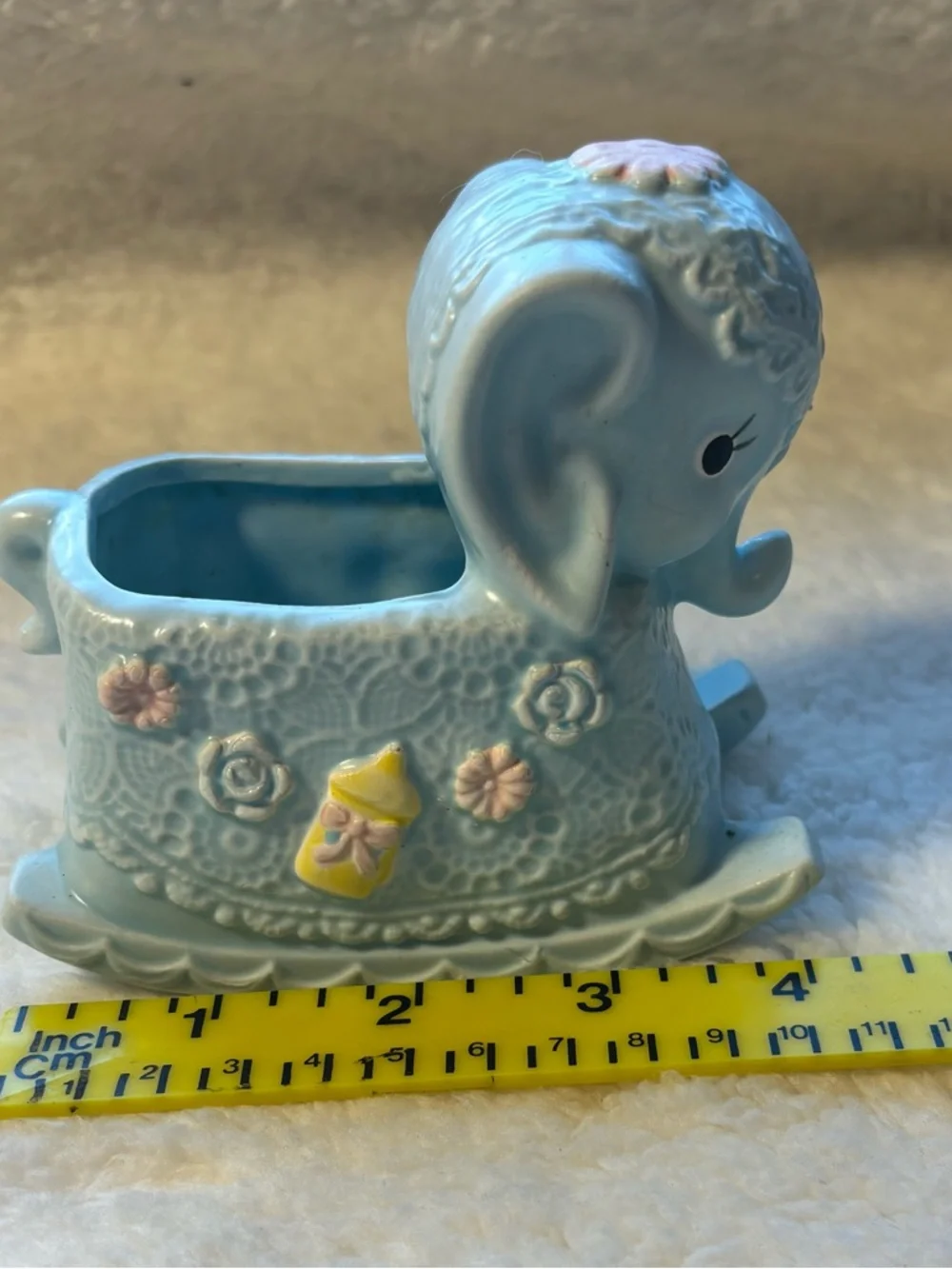Light Blue Ceramic Elephant Vase with Pink Floral Accent